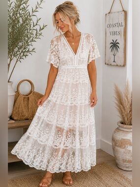 Pink Lily Ivory Lace Gown